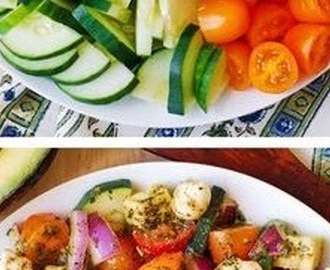 AVOCADO SALAD WITH TOMATOES, MOZZARELLA, BASIL PESTO