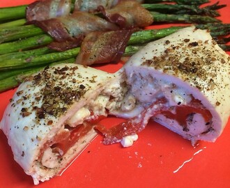 Feta and Roasted Pepper Baked Chicken and Bacon Wrapped Asparagus
