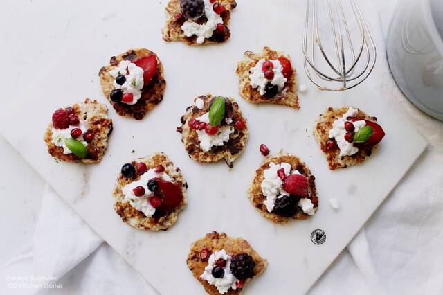 Protein Rich Cottage Cheese Fritters with Berries and Fresh Basil
