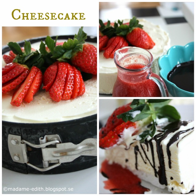 Cheesecake med jordgubbssås och chokladsås