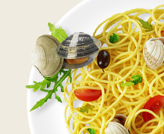 Spaghettini med musslor, broccoli, rucola och körsbärstomater