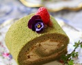 green tea souffle roll cake with chestnut mousseline filling