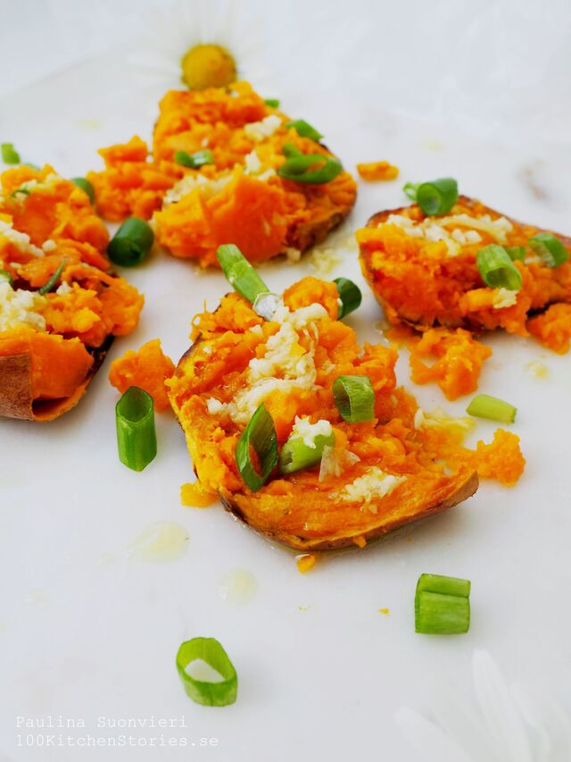 Smashed Sweet Potato with Garlic Olive Oil and Spring Onion