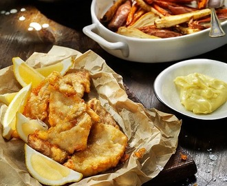 Fish and chips på torskfilé med rotfrukter och citrusaioli