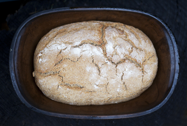 Lergrytsbakat bröd med ajvar, oliver och rosmarin