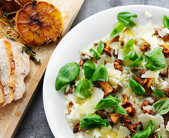 Vitlöksstekt kycklingbröst med kantarellrisotto - toppad med basilika