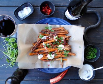 Bönburgare och Sötpotatisfries med chili och koriander