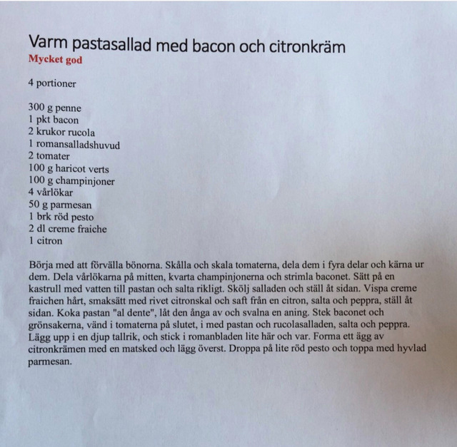 Varm pastasallad med bacon och citronkräm