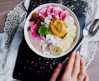 Baby Pink Smoothie Bowl with Peanut Butter, Strawberry Raisin and Coconut Chips