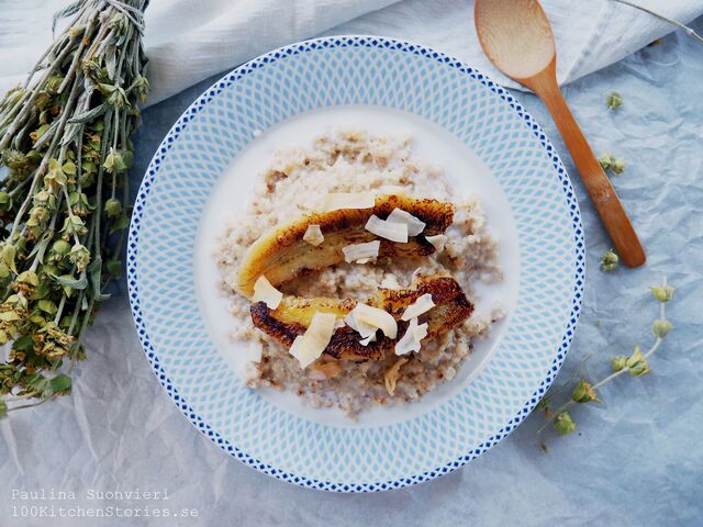 Camomille cooked Porridge with Coconut Cardamom Fried Bananas