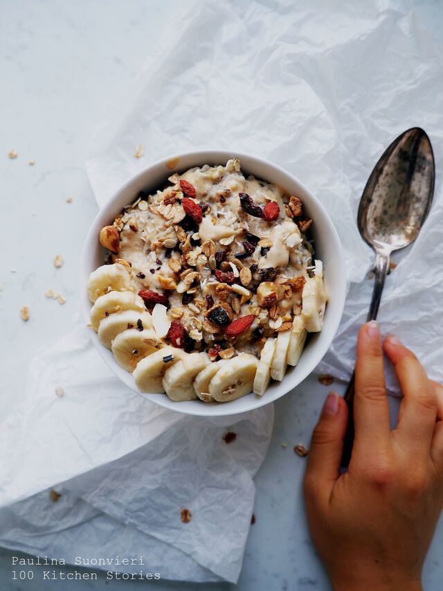 Cashew Pecan Vanilla Hemp Porridge with PB, Cacao Nibs and Crunchy Nut Granola