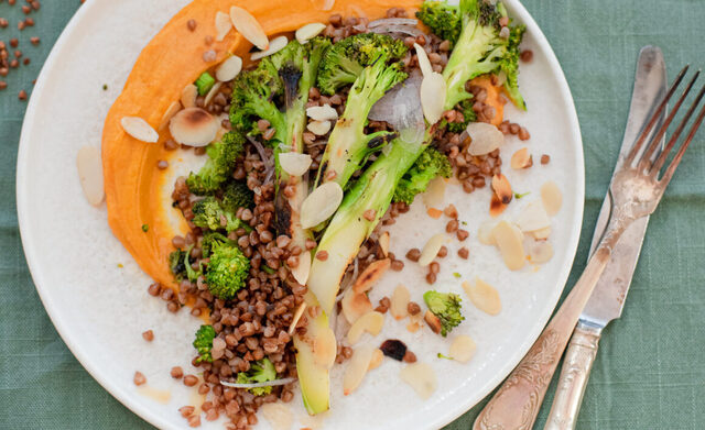 Warm salad with roasted buckwheat, sour broccoli and sweet potato puree – Food Pharmacy