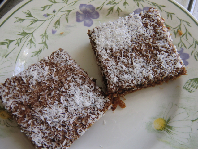 Glutenfria långpannerutor med krämig chokladglasyr och kokosströssel