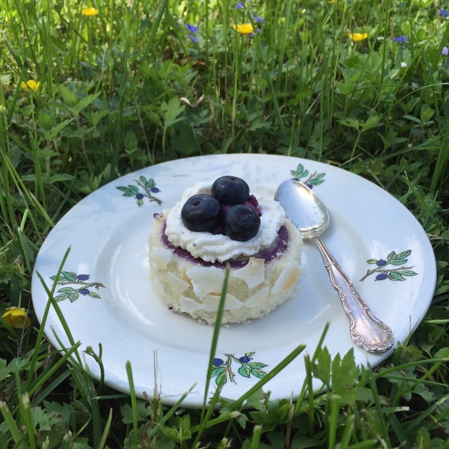 Glutenfria rulltårtsbakelser med blåbärsmousse, grädde och färska blåbär