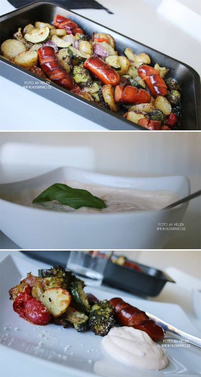 Grillkorv, ugnsrostade grönsaker & Sweet chilisås