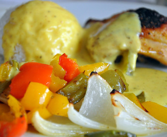RECEPT: Currykyckling (currymarinad) med ugnsbakade grönsaker och lök samt hemmagjord currysås