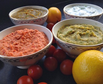 4 mezeröror: Cashewsmör, Hummus, Myntayoghurt och Baba ghanough