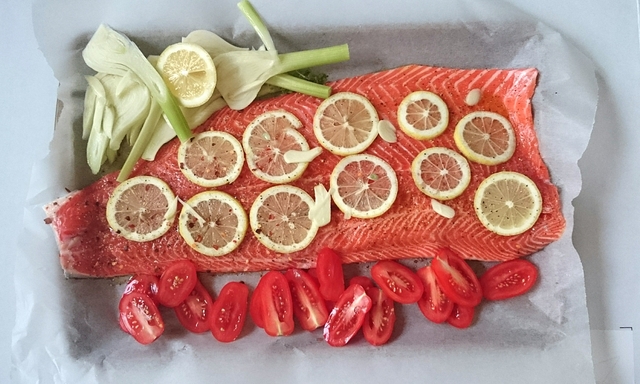 Dinner: Low temperature oven baked salmon