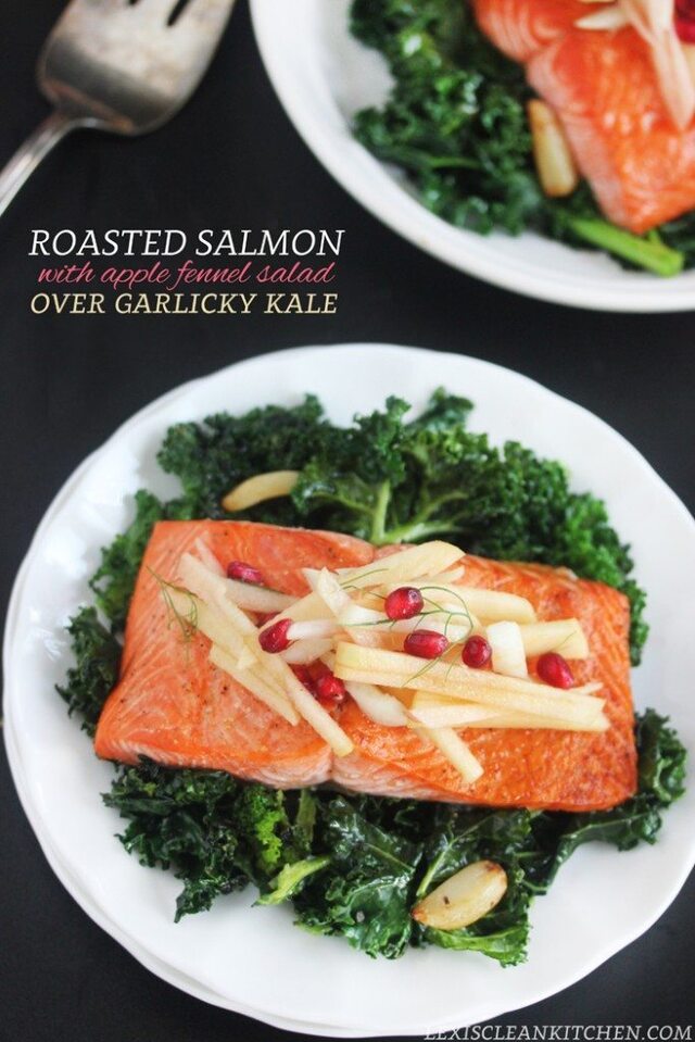 Roasted Salmon with Apple Fennel Salad over Garlicky Kale