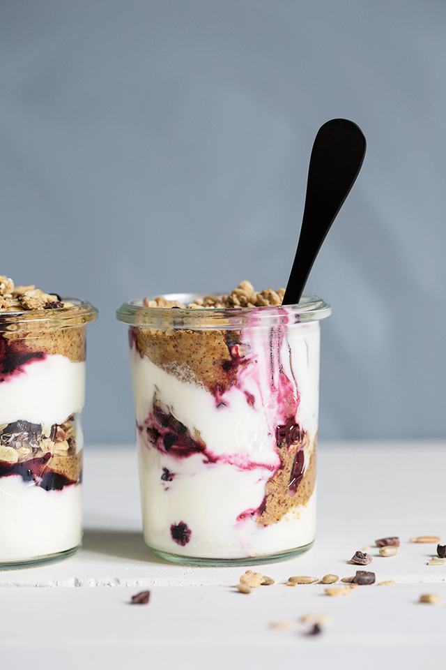 Layered yoghurt jars with homemade almond butter & oat granola