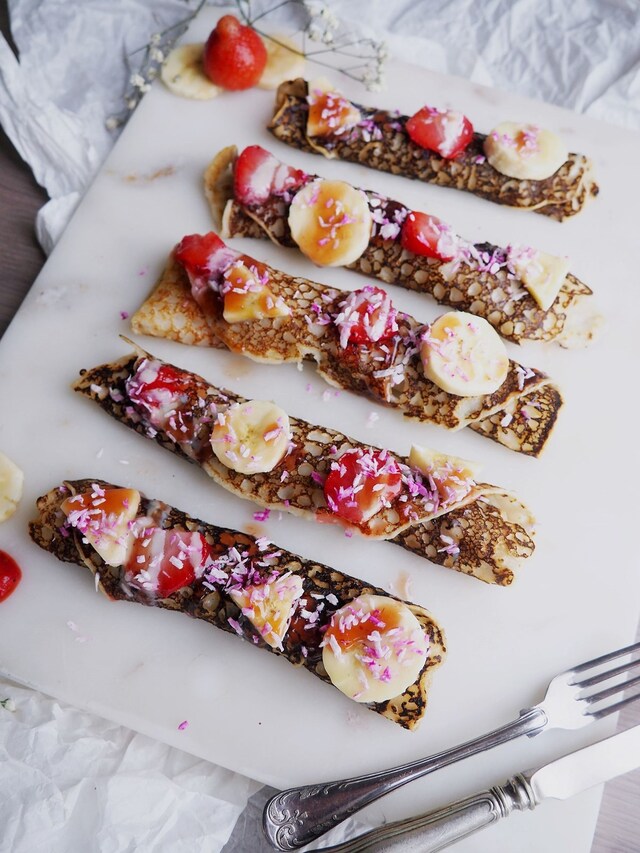 Vegan Crepes with Strawberries, Banana, White Chocolate and Homemade Sprinkle