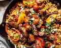 One Skillet Greek Chicken and Orzo/Risoni with Tomatoes, Feta, and Tzatziki.