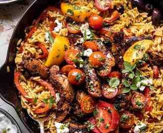 One Skillet Greek Chicken and Orzo/Risoni with Tomatoes, Feta, and Tzatziki.