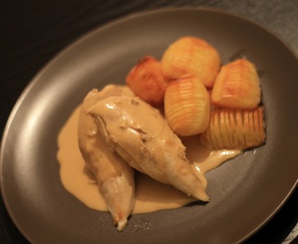 Helstekt ingefärskyckling med hasselbackspotatis och avokadosallad