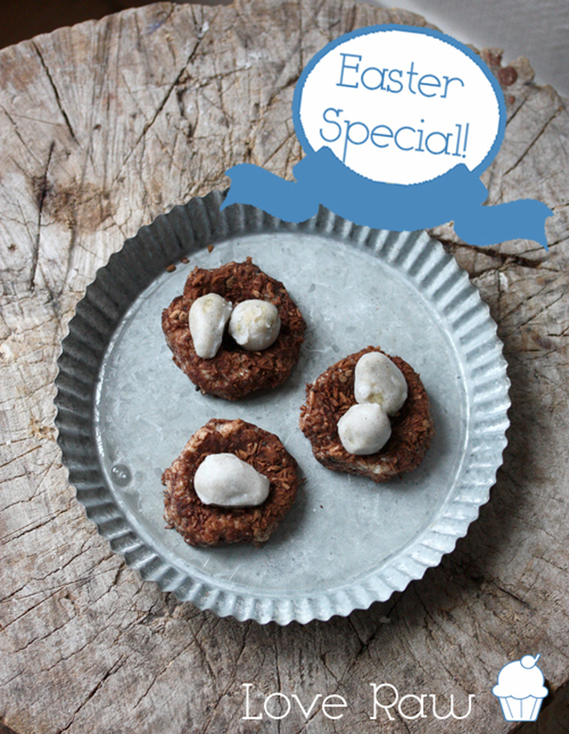 Raw Easter Special: White chocolate Eggs in a coconut Nest (Nut free)
