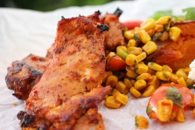 Power Meet inspired grilled chicken with roasted sweet potatoes and a lovely cornsalsa