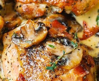 Chicken Thighs with Creamy Bacon Mushroom Thyme Sauce | Comfort food chicken, Free chicken recipes, Best chicken thigh recipe