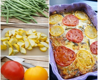 Grönsakslåda med haricot verts, squash och tomater