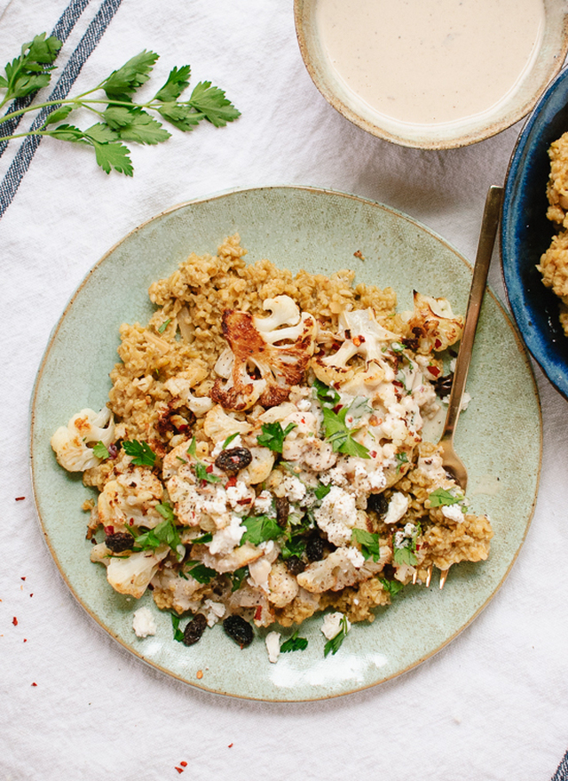 Roasted Cauliflower, Freekeh and Garlicky Tahini Sauce