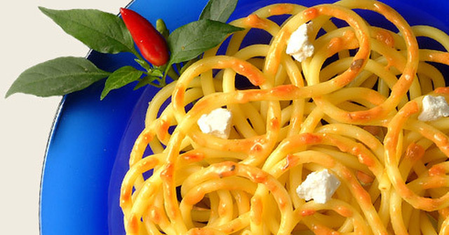 Bucatini med Pesto alla Calabrese, färsk ricotta och basilikaolja