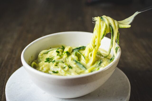 Vegan garlic alfredo with zucchini pasta