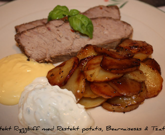 Helstekt Ryggbiff med Råstekt potatis, Bearnaisesås & Tzatziki